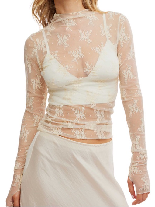 Free People Sheer Lace Long Sleeve Layering Top In White Lace
